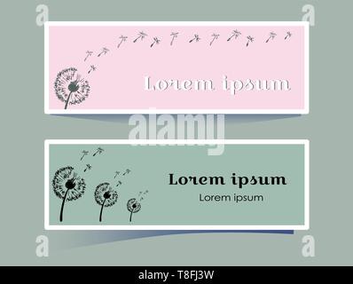 Stylish horizontal banner with dandelion flower on pink and gray background. Silhouette plants blown by the wind in the style of a sketch. With space Stock Vector