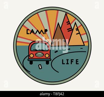 Round sticker with vintage van in retro style. Inscription Camp Life. The road, the sun in the mountains. Symbol of free travel. Camper tourism Stock Vector