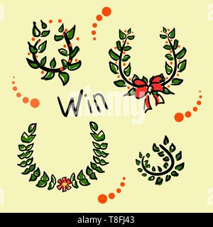 Collection Wreaths for the champion. Funny drawings in the style of a sketch. Laurel branches or olive leaves for the winner. Sports award. Business Stock Vector