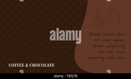 Coffee and chocolate. Design for blog or website background. Pattern in sketch style. Coffee pot and cup. With space for text. Brown background Stock Vector