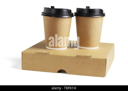 Coffee Cups and Pizza Box on White Background Stock Photo