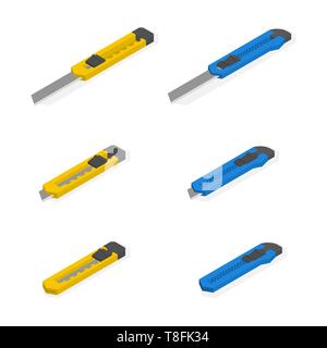 Set of various stationery knives isolated on white background. Flat 3d isometric style, vector illustration. Stock Vector
