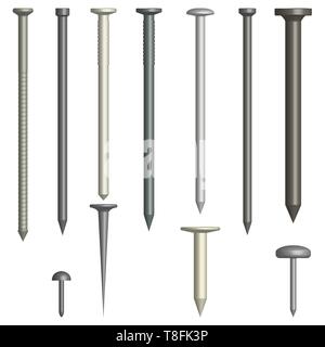 Set of various metal nails isolated on white background. Front view, vector illustration. Stock Vector