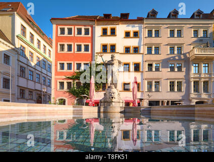 Fountain and traditional German houses in Gorlitz town, Saxony, Germany Stock Photo