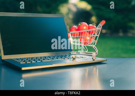 Concept of online grocery shopping. A miniature shopping cart with tomatoes is standing an a Notebook. Stock Photo