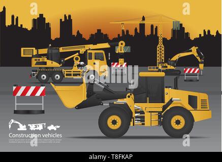 Construction Vehicles Set with Building Background Vector Illustration Stock Vector