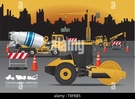 Construction Vehicles Set with Building Background Vector Illustration Stock Vector