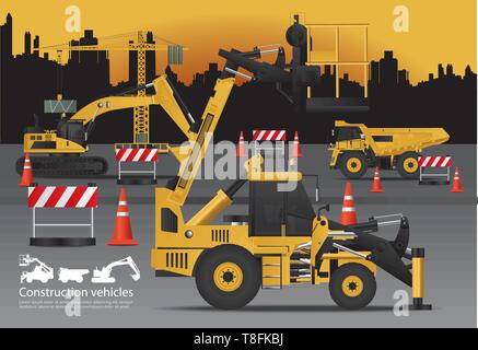 Construction Vehicles Set with Building Background Vector Illustration Stock Vector