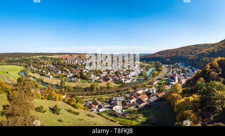 Nice aerial view in falltime to Sollnhofen in the Nature Park Altmühltal in Franconia Stock Photo