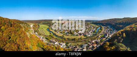 Nice aerial view in falltime to Sollnhofen in the Nature Park Altmühltal in Franconia Stock Photo