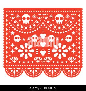 Skulls Papel Picado vector design, Mexican paper cut out pattern - Dia de Los Muertos, Day of the Dead Stock Vector