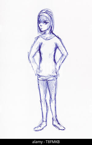 sketch of teen girl in sportswear hand-drawn by blue ink on white paper Stock Photo