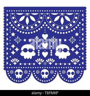 Halloween, Day of the Dead design with skulls - Mexican Papel Picado decoration with flowers and geometric shapes Stock Vector