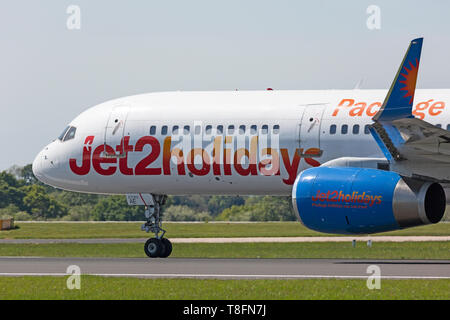 Jet2 Holidays Boeing 757-200, registration G-LSAE, taking off from Manchester Airport, England. Stock Photo