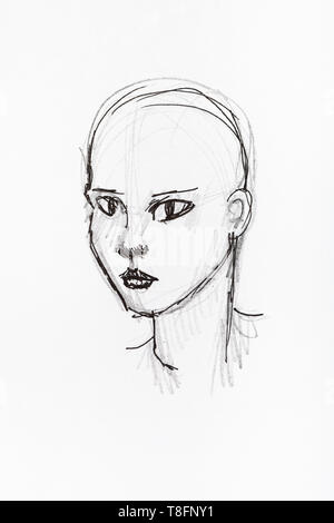 sketch of bald female head hand-drawn by black pencil and ink on white ...