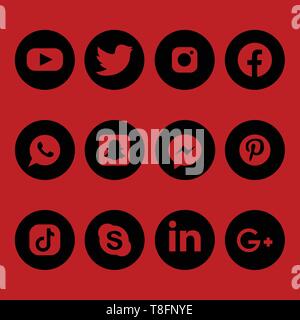 Black and Red Hand Drawn Set Of Social Media Icons Over Red Background Stock Vector