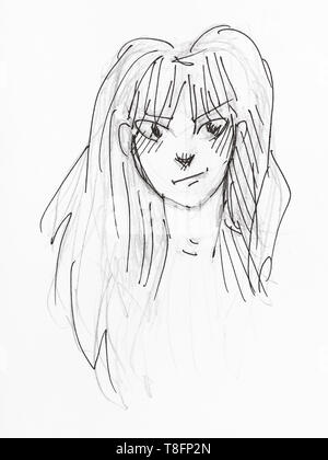 portrait of skeptical young woman with long hair hand-drawn by black pencil and ink on white paper Stock Photo