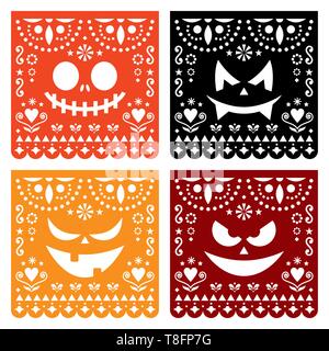 Halloween Papel Picado design with pumpkin scary faces, Mexican paper cut out pattern collection - Dia de Los Muertos, Day of the Dead Stock Vector