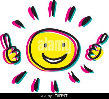 Modern style vector hand drawn happy sun illustration with thumbs up. Stock Vector