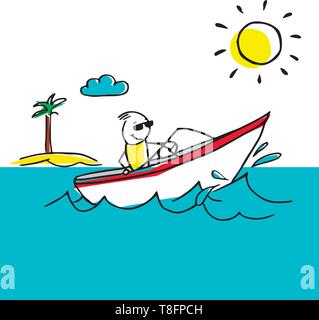 Cool vacation illustration with a man having rest on a boat. Stock Vector