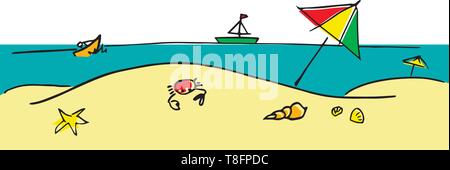 Happy summer illustration of a beach with some sea creatures. Stock Vector