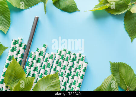 Border of green leaves, paper and metal reusable drinking straw on blue. Save the planet. Zero waste. Top view with copy space. Stock Photo