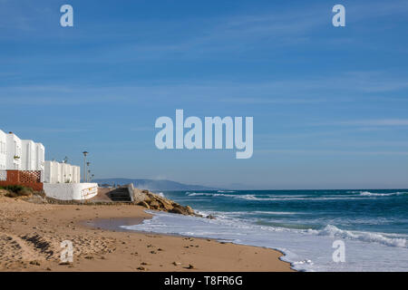View looking east along beach at Parque Natural Cabo de Trafalgar, at Los Caños de Meca, in the Andalucía region of Spain. Stock Photo