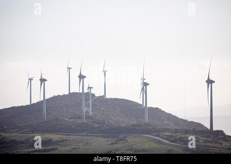 Wind turbines  for generating electricity near to Casares, in the Malaga (Málaga) province, Spain. Stock Photo