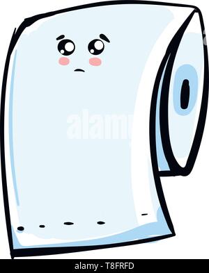 Blue colored bundle of toilet papers on a roll has a cute little face with eyes rolled down expresses sadness, vector, color drawing or illustration. Stock Vector