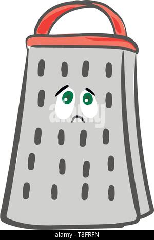 Emoji of the four-sided boxed grater designed with a handle and a red frame has a cute face with green eyes expresses sadness set isolated on white ba Stock Vector