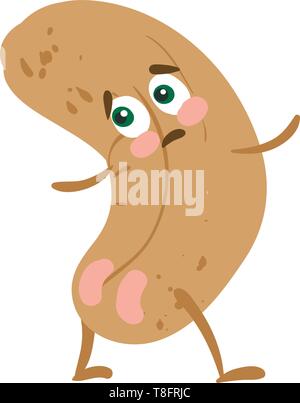 The shy brown-colored cashew nut has a face and expresses sadness while standing in a stylish pose set isolated on white background viewed from the fr Stock Vector