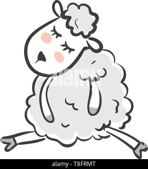 A cute sheep with an oval-shaped face and round body covered with blue wool sleeps while sitting isolated on white background viewed from the front, v Stock Vector