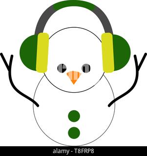 A cute snowman with two balls of different sizes, decorated with two circular green buttons, has two eyes and yellow beak, enjoys music from green hea Stock Vector