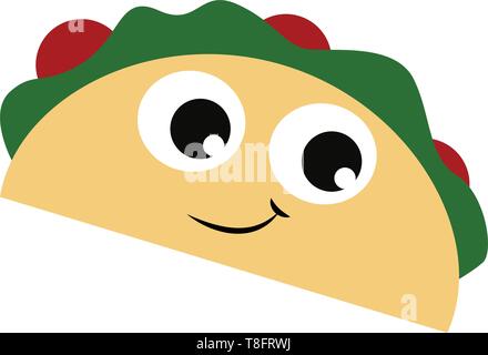 Emoji of the colorful taco has a cute little face with eyes rolled bottom-left is smiling and looks funny, vector, color drawing or illustration. Stock Vector
