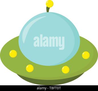 A dome-shaped alien spacecraft in blue, green, and yellow colors with a white exclamation mark is all set ready for carrying extraterrestrials, vector Stock Vector