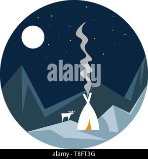 The winter scenery with few mountains and planks of wood on fire emitting smoke and a reindeer stands on the land covered with snow at night looks won Stock Vector