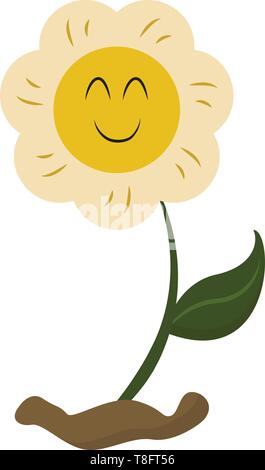 A flower grown above the soil is with brown florets, a cute little face on the yellow circular disc, vector, color drawing or illustration. Stock Vector