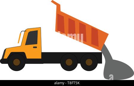 A yellow dump truck in operational process, the loaded gravel slides out when the bed is lifted, set isolated on white background viewed from the side Stock Vector
