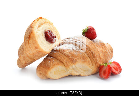 Tasty croissants with raspberry jam on white background Stock Photo