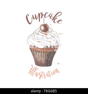 Vector hand drawn illustration of cupcake with cherry. Food llustration. Stock Vector