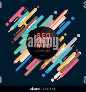 Abstract multicolor diagonal rounded shapes lines transition on dark background with black circle label. Element halftone style bright color. Vector i Stock Vector