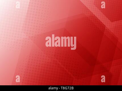 Abstract red geometric hexagons overlapping background with halftone radial texture. Vector illustration Stock Vector