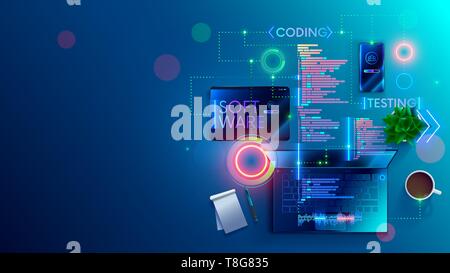 Software development coding process concept. Programming, testing cross platform code, app on laptop, tablet, phone. Create, editing script desktop Stock Vector