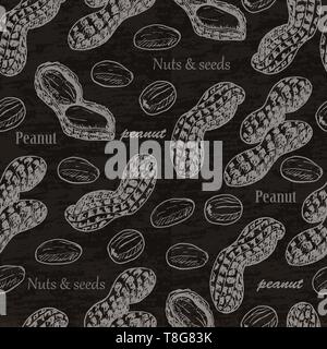 Seamless pattern with peanuts on black background. Vector  illustration for your design Stock Vector