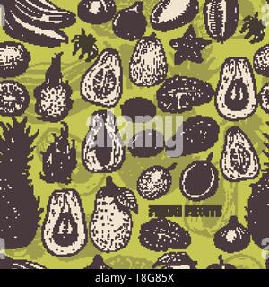 Seamless pattern with tropical fruits on light green background. Vector  illustration for your design Stock Vector