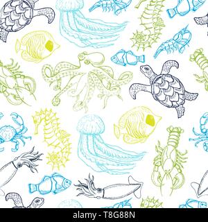 Seamless pattern with hand drawn sea animals. Vector  illustration for your design Stock Vector