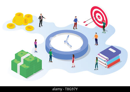 time management saving concept with team people working together with money big clock goals target and books with modern isometric style - vector illu Stock Photo