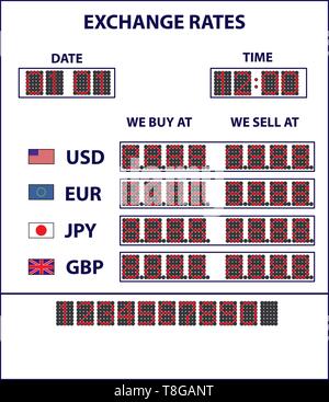 White currency display with exchange rates of different currency Stock Vector