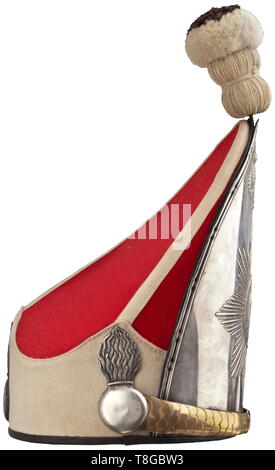 A grenadier cap M 1894 for enlisted men in the Castle Guard Company, circa 1900 Silver plate with embossed guard star under a royal crown, convex brass chinscales with scattered silver traces, leather underlay. Red bag, white lace and white edging with three applied flaming grenade symbols in silver, affixed black-white pompom. Leather liner with loops. Signs of age. With replacements, re-worked, original parts used. Rare. historic, historical, Prussian, Prussia, German, Germany, militaria, military, object, objects, stills, clipping, clippings, , Additional-Rights-Clearance-Info-Not-Available Stock Photo