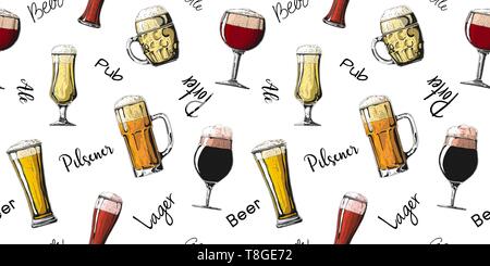 Seamless pattern with different glasses with beer, different mugs of beer. Vector illustration of a sketch style. Stock Vector